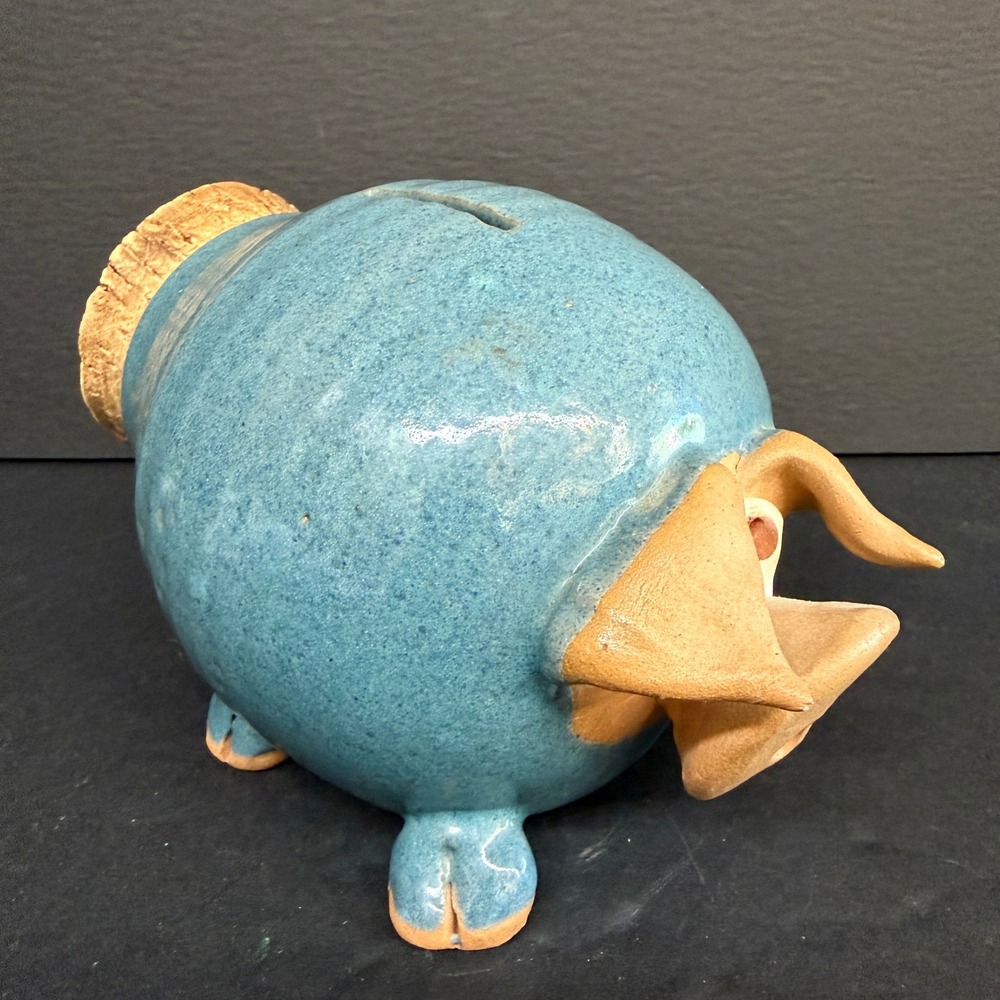 Vintage Piggy Bank with Cork Butt Blue Glazed ceramic Whimsical Pig Figurine - Picture 7 of 13